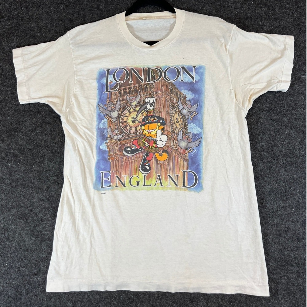 Vintage 80s Garfield London England Shirt Mens XL White Single Stitch Paperthin